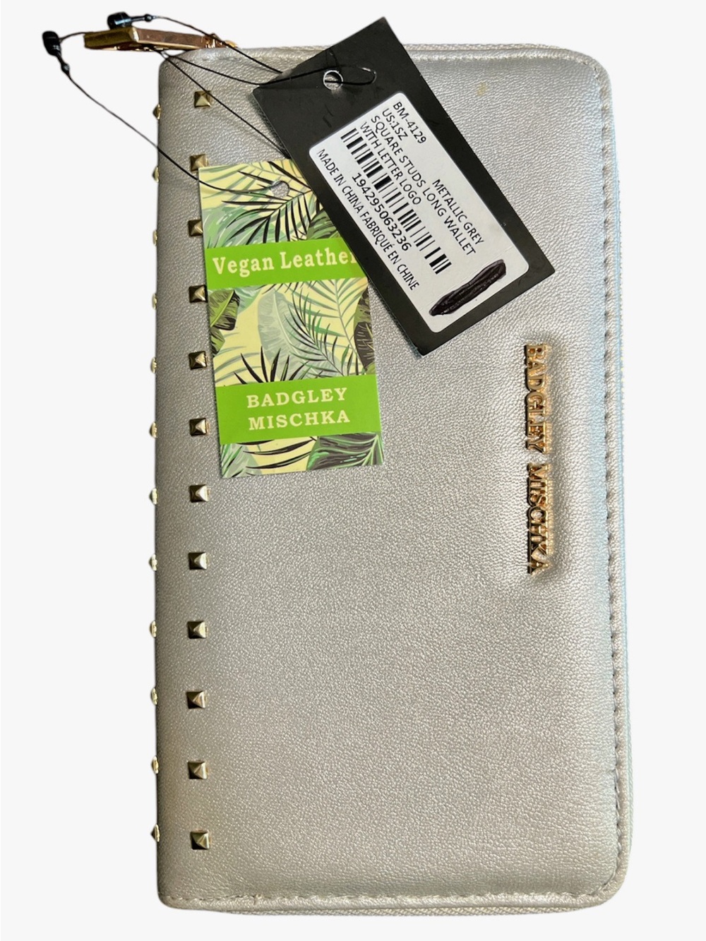 Badgley Mischka Silver Vegan Leather Studded Zip Wallet